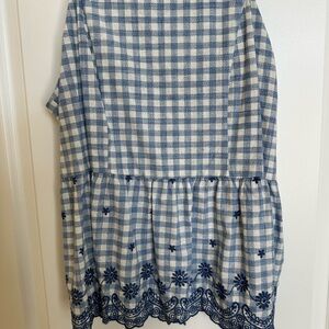 Blue and White Checkered Dress with Floral Embroidery